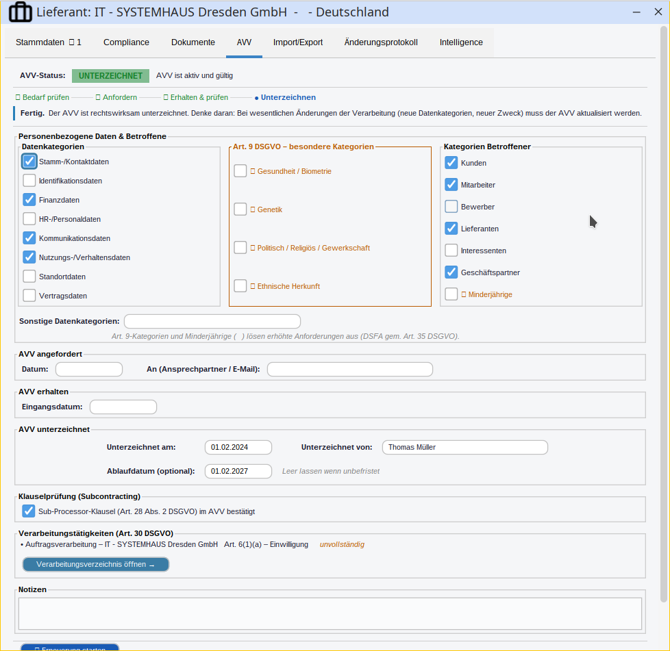 AVV-Verwaltung mit Statusmaschine, Datenkategorien, Betroffenengruppen und Sub-Processor-Klausel