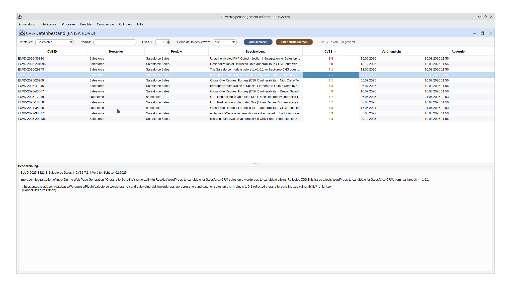 CVE-Datenbestand aus der ENISA EUVD, gefiltert je Hersteller, Produkt und CVSS-Score