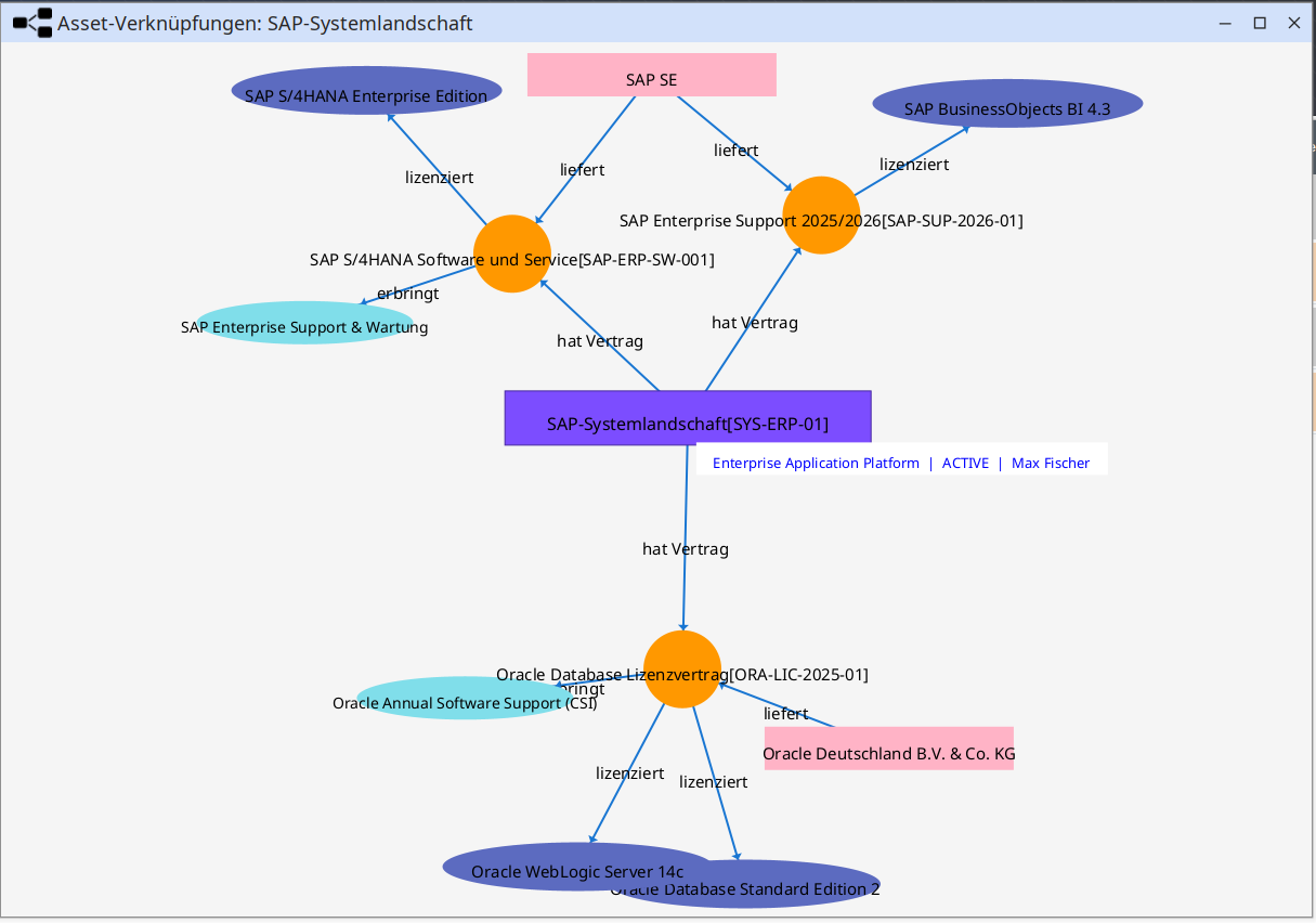 Asset-Beziehungsgraph: Lizenzen, Verträge und Systeme grafisch verknüpft