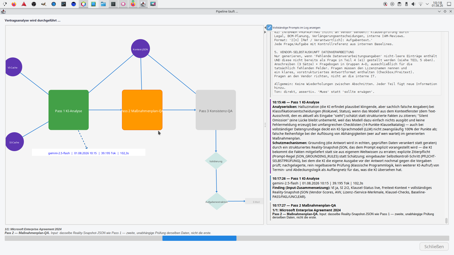 Live-Log eines Pipeline-Laufs mit Pass-1-Analyserisiken und Schutzmechanismen